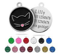 Ibera Gifts Personalised Cat Collar - Alloy Metal Cat Tag with Name, Customizable Identification Tag for Medium to Large Pets, Round Shape with Cat Face Design, Fiber Laser Engraving (Black)