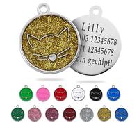 Ibera Gifts - Personalised Cat Collar - Alloy Metal Cat Tag with Name, Customizable Identification Tag for Medium to Large Pets, Round Shape with Cat Face Design, Fiber Laser Engraving (Glitter Gold)