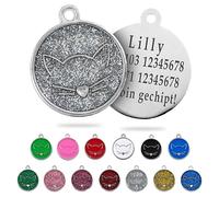 Ibera Gifts- Personalised Cat Collar - Alloy Metal Cat Tag with Name, Customizable Identification Tag for Medium to Large Pets, Round Shape with Cat Face Design, Fiber Laser Engraving (Silver Glitter)