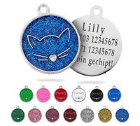 Ibera Gifts - Personalised Cat Collar - Alloy Metal Cat Tag with Name, Customizable Identification Tag for Medium to Large Pets, Round Shape with Cat Face Design, Fiber Laser Engraving (Glitter Blue)