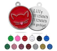 Ibera Gifts Personalised Cat Collar - Alloy Metal Cat Tag with Name, Customizable Identification Tag for Medium to Large Pets, Round Shape with Cat Face Design, Fiber Laser Engraving (Red)