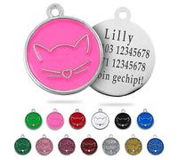Ibera Gifts Personalised Cat Collar - Alloy Metal Cat Tag with Name, Customizable Identification Tag for Medium to Large Pets, Round Shape with Cat Face Design, Fiber Laser Engraving (Pink)