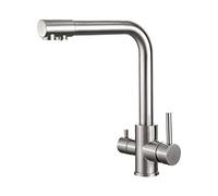 IBERGRIF M22109A 3 Way Water Filter Tap, Kitchen Drinking Taps Sink Mixer Swivel Spout with 2 Handles, Hot, Cold and Filter Tap for Kitchen, G3/8" Hose, 360° Swivel, Brushed Nickel