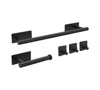 Ibergrif 5pcs Bathroom Accessories Set, Black Toilet Roll Holder, Towel Rail, Hook, Wall Mounted or Self Adhesive, No Drilling M34452B