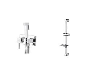Ibergrif M22011 Square Concealed Shower Mixer Set, Hot and Cold Bidet Spray with Shattaf Sprayer & M20802 Shower Riser Rail, Wall Mounted Shower Slide Bar with Soap Dish Bracket Chrome