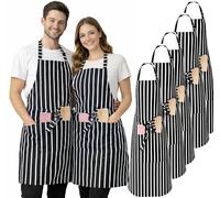 IBEX Polycotton Stripe Butcher Bib Apron with Pocket, Professional Home Kitchen Apron for Restaurants, Bar Staff, Chefs, Waiters, Caterers, Baking - Black/White Stripe - Pack of 5