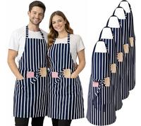 IBEX Polycotton Stripe Butcher Bib Apron with Pocket, Professional Home Kitchen Apron for Restaurants, Bar Staff, Chefs, Waiters, Caterers, Baking - Navy/White Stripe - Pack of 5