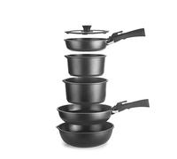 IBILI - Set of 9 Kompakto Drumsticks, Frying pan 20-26 cm, deep Frying pan 26 cm, Saucepan 18-20 cm, lid 20-26 cm, 2 Removable Handles, Free of PFAS, cast Aluminium, Stackable, Easy to Store
