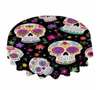 IBILIU Sugar Skull Round Tablecloth,Day of The Dead Flowers Halloween Black Water Resistant Polyester Table Cloth Decorative Table Cover for Kitchen, Dining Desk,Party,Holiday - 58 Inch