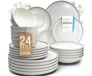 Ibiza Dinnerware Set for 6 Persons - 24-Piece Stoneware Dining Set - Dishwasher and Microwave Safe - Plates and Dishes for Dining Service - Pure Living in Light Beige