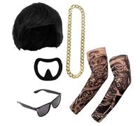 Ibiza Final Boss Costume Accessory Set - Black Bowl Cut Wig, Goatee, Gold Chain, Fake Tattoo Sleeves & Shades - Funny Fancy Dress Costume Kit for Festivals & Parties Trend - One Size Adults