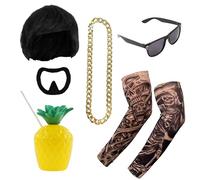 Ibiza Final Boss Costume Accessory Set - Black Bowl Cut Wig, Goatee, Gold Chain, Fake Tattoo Sleeves, Shades & Pineapple Cup - Fancy Dress Costume Kit for Festivals & Parties Trend - One Size Adults