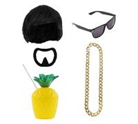 Ibiza Final Boss Costume Accessory Set - Black Bowl Cut Wig, Goatee, Gold Chain, Shades & Pineapple Cup - Funny Fancy Dress Costume Kit for Festivals & Parties Trend - One Size Adults