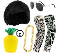 Ibiza Final Boss Costume Accessory Set, Fun Bowl Shaped Wigs From the 1960s, 1970s, and 1980s, Goatee Beard, Gold Thick Chain, Sunglasses, Fake Tattoo Sleeves, Ibiza Carnival Party Costumes