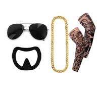 Ibiza Final Boss Costume Accessory Set - Gold Chain, Glasses, Stick On Goatee & 2 Sleeve Tattoos - Funny Fancy Dress for Stag Do, Halloween & Parties