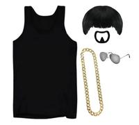 Ibiza Final Boss Costume - Black Vest, Bowl Cut Wig, Gold Chain, Goatee & Silver Glasses - Funny Fancy Dress Outfit for Festivals & Parties - Medium