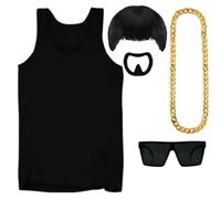 Ibiza Final Boss Costume - Bowl Cut Wig, Black Vest, Gold Chain, Goatee & Black Glasses - Funny Fancy Dress Outfit for Halloween Festivals & Parties - Medium
