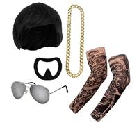 Ibiza Final Boss Costume - Rave Accessory Set - Black Bowl Cut Wig, Goatee, Gold Chain, Fake Tattoo Sleeves & Shades - Funny Fancy Dress Costume Kit for Festivals & Parties Trend - One Size Adults