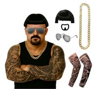 Ibiza Final Boss Costume - Rave Accessory Set - Black Bowl Cut Wig, Goatee, Gold Chain, Fake Tattoo Sleeves & Shades - Funny Fancy Dress Costume Kit for Festivals & Parties Trend - One Size Adults