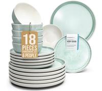 Ibiza Stoneware Dinner Set for 6 People - 18-Piece Dinnerware Set - Mediterranean Style, Dishwasher, Microwave, and Scratch Resistant - Bowl and Plate Set - Pure Living in Light Green