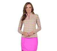 IBKUL Athleisure Wear Sun Protective UPF 50+ Icefil Cooling Tech Chantal Print Long Sleeve Mock Neck Top - 10540, Color: Hot Pink/Lime - Print: Chantal, S