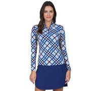 IBKUL Athleisure Wear Sun Protective UPF 50+ Icefil Cooling Tech Sonika Print Long Sleeve Mock Neck Top - 10653, Color: Blue/Navy - Print: Sonika, Medium