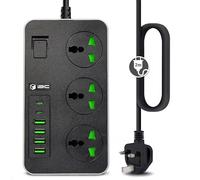 iBlockCube Universal Extension Lead with 6 USB Ports | 2 Meter Cable Power Strip Surge Protector, Wall Adapter Power Hub w/Switch | Fuse & Shutter, 3 Way Gang Socket Electrical, UK Plug (Black Gray)