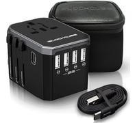 iBlockCube® Universal Travel AC Power Plug Adapter with International Socket | 4 USB 5.6A + 1 Type-C 3.0A Smart Ports Work for US EU AU UK up to 150+ Countries Worldwide Type A G I (Silver)
