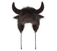 IBLUELOVER Faux Fur Bull Horn Hat with Ear Flaps Plush Winter Trapper Beanie for Men & Women Devil Cow Horns Hats Furry Plush Trapper Hat Novelty Animal Cosplay Cap for Halloween Carnival Cosplay