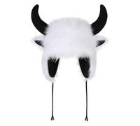 IBLUELOVER Faux Fur Bull Horn Hat with Ear Flaps Plush Winter Trapper Beanie for Men & Women Devil Cow Horns Hats Furry Plush Trapper Hat Novelty Animal Cosplay Cap for Halloween Carnival Cosplay