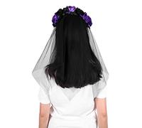 IBLUELOVER Gothic Bride Ladies Floral Lace Wedding Veil Cathedral Halloween Party Elegant Tulle Short Embroidered Edge Elbow Length Women Veil Evening Prom Costume Accessory