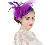 IBLUELOVER Women Fascinator Hat Flower Feather Mesh Veil Pillbox Hat Wedding Bridal Headdress Retro Cocktail Tea Hair Accessories with Clip for Church Banquet Dance Hen Party Purple