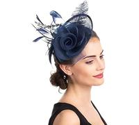 IBLUELOVER Women Fascinator Hat Flower Feather Mesh Veil Pillbox Hat Wedding Bridal Headdress Retro Cocktail Tea Hair Accessories with Clip for Church Banquet Dance Hen Party Navy Blue