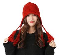 IBLUELOVER Women Peruvian Beanie Hat Knitted Crochet Laplander Cap with Tassels Earflap Trapper Bomber Hat Winter Warm Slouchy Skull Beanie Cap Wine red