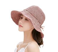 IBLUELOVER Women Straw Sun Hat Floppy Wide Brim Hat Roll up Panama Hat Summer Beach Hat Anti-UV Protection Hat Foldable Travel Cap with Ribbon Bownot for Outdoor Vacation Hiking Pink