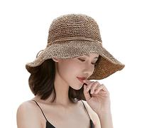 IBLUELOVER Women Straw Sun Hat Floppy Wide Brim Panama Hat Roll up Summer Beach Cap Anti-UV Foldable Travel Cap with Ribbon Bownot for Outdoor Vacation Hiking Gardening Khaki