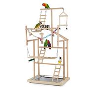 Ibnotuiy Pet Parrot Playstand Parrots Bird Playground Bird Play Stand Wood Perch Gym Playpen Ladder with Feeder Cups Bells for Cockatiel Parakeet (4 Layers)