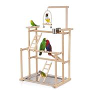 Ibnotuiy Pet Parrot Playstand Parrots Bird Playground Bird Play Stand Wood Perch Gym Playpen Ladder with Feeder Cups Bells for Cockatiel Parakeet (3 Layers)