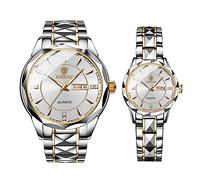 Ibohevo Couple Watches Gift Set: His and Her Rhombus Quartz Analog Stainless Steel Luminous Hands Date 3 ATM Waterproof Business Casual Men Women Watch Sets, Couple-silver, Adult
