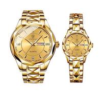 Ibohevo Couple Watches Gift Set: His and Her Rhombus Quartz Analog Stainless Steel Luminous Hands Date 3 ATM Waterproof Business Casual Men Women Watch Sets, Couple-gold, Adult