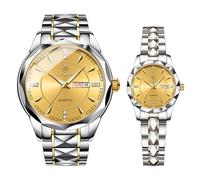 Ibohevo Couple Watches Gift Set: His and Her Rhombus Quartz Analog Stainless Steel Luminous Hands Date 3 ATM Waterproof Business Casual Men Women Watch Sets, Couple-silvergold, Adult