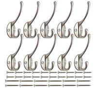 IBosins 10 Pack Heavy Duty Dual Coat Hooks Wall Mounted with 40 Screws Retro Double Hooks Utility Silvery Hooks for Coat, Scarf, Bag, Towel, Key, Cap, Cup, Hat (Silvery)