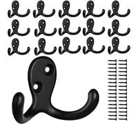 IBosins 16 Pack Heavy Duty Double Prong Coat Hooks Wall Mounted with 32 Screws Retro Double Hooks Utility Hooks for Coat, Scarf, Bag, Towel, Key, Cap, Cup, Hat(Black)