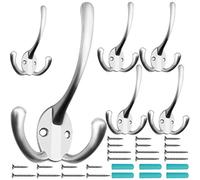 IBosins 6 Pack Big Heavy Duty Three Prongs Coat Hooks Wall Mounted with 24 Screws (Two Types of Screws Included) Retro Double Utility Rustic Hooks for Thick Coat, Big Heavy Bags (Matte Nickel)