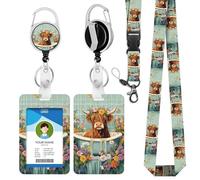 IBOVODI Funny Highland Cow ID Badge Holder with Lanyard Adjustable, Cute Daisy Flowers Badge Holder with Breakaway Lanyards Retractable Reel Clip for Teachers Students Nurses Doctor Workers
