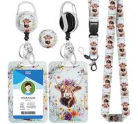 IBOVODI Highland Cow Floral Id Badge Holder with Lanyard,Cute Lanyards for ID Badges Keys Daisy Breakaway Lanyards Retractable Reel for ID Badges Keychain, Teacher Nurse Doctor Women Office
