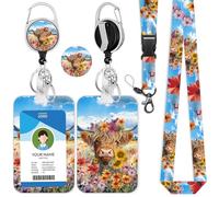 IBOVODI Highland Cow Lanyards for ID Badges,ID Badge Holder with Breakaway Lanyard, Cute Flower Badge Reels Retractable, ID Card Holder with Retractable Keychain, Badge Clip for Teacher Student Nurse