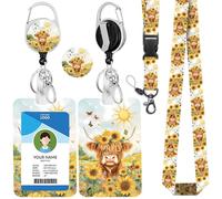 IBOVODI Highland Cow Sunflower Lanyards for ID Badges,Cute Floral ID Badge Holder with Breakaway Lanyard & Badge Reels, ID Card Holder with Retractable Keychain, Carabiner Clip for Teacher Nurse