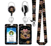 IBOVODI Highland Cows Lanyards with ID Holder Cute Pink Bow Floral Cows ID Badge Holder with Breakaway Adjustable Lanyard Retractable Badge Reel for Women Girls Teacher Student Nurse Office