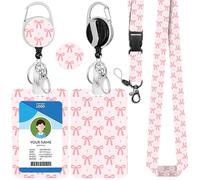 IBOVODI Pink Bows ID Badge Holder with Lanyard, Cute Retractable Badge Holders Reels with Lanyards Adjustable Breakaway, Vertical Card Protector for Women Kids Teacher Nurses Doctor Student